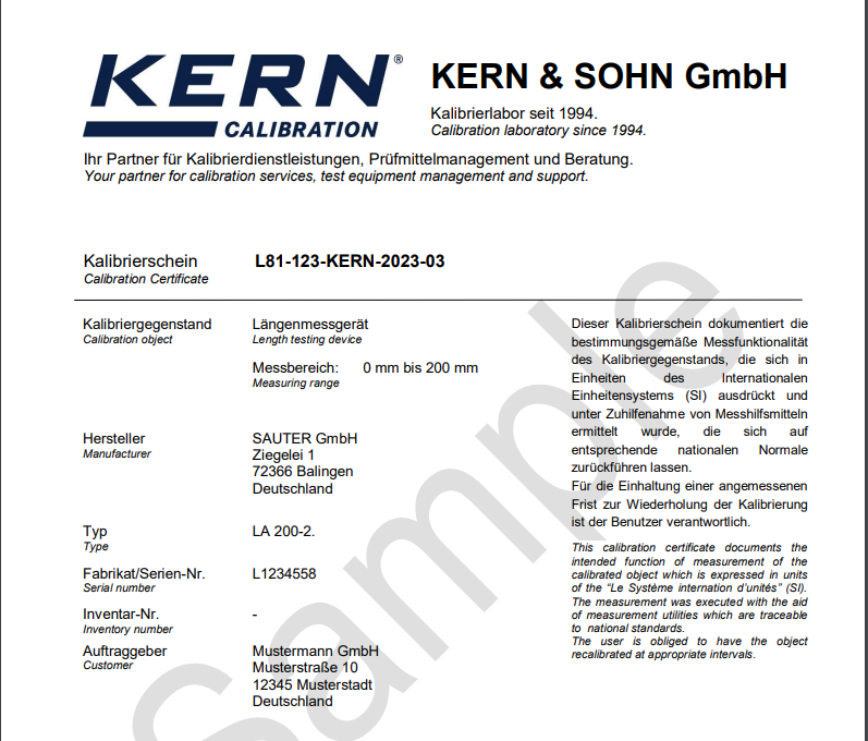 961-150 Factory Calibration Certificate Displacement